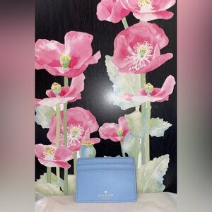 kate spade Seaside Blue Leather Card Holder with Gold Logo